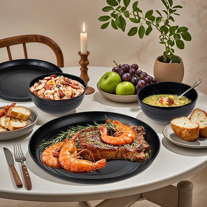 24pc Black Wheat Straw Dinnerware Set, Unbreakable Dish Set - Image 2