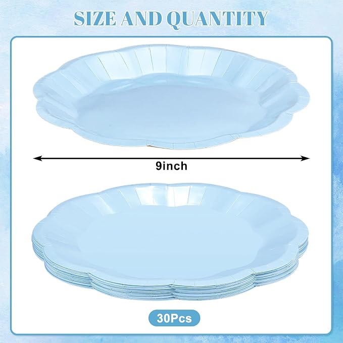 NatNarr 30 Pcs Light Blue Paper Plates 9 Inch Scalloped Baby Blue Plates | - Image 2