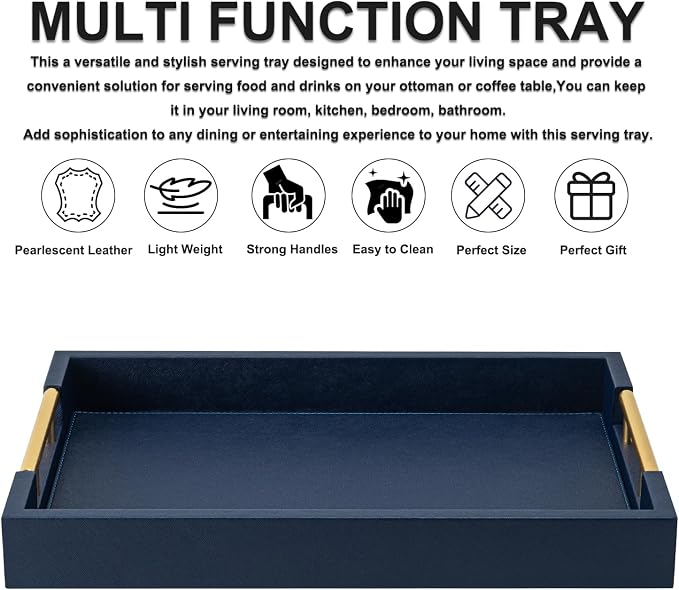 Navy Blue Faux Leather Serving Coffee Tray - Image 3
