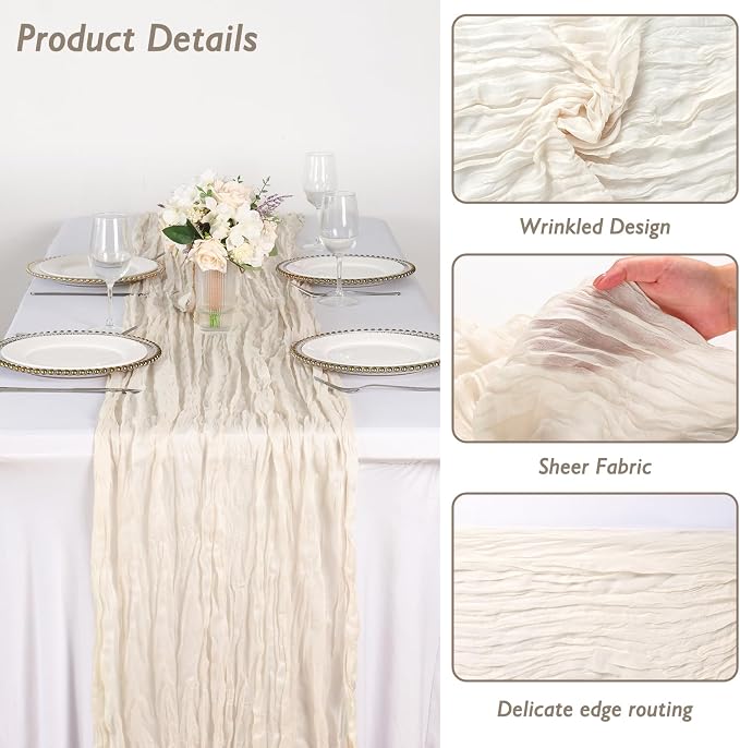 10 Pack Ivory White Cheesecloth Table Runner 120 Inch Boho Wedding Decor | - Image 3