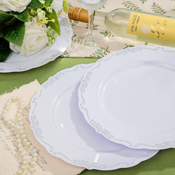 DaYammi 60PCS White and Silver Plastic Plates, Heavy Duty White and Silver - Image 7