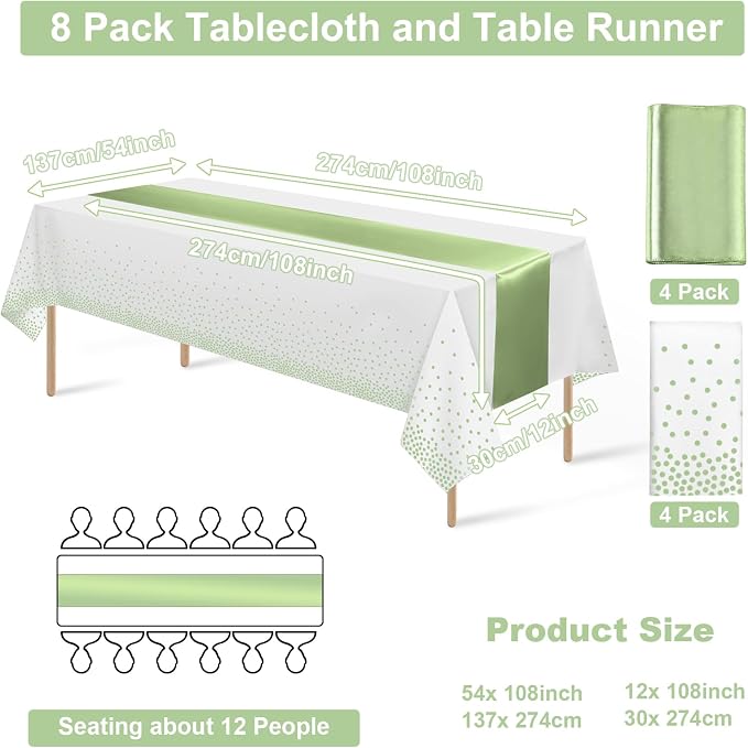 8Pack Plastic Tablecloths and Satin Table Runner Set Disposable White and Sage - Image 2