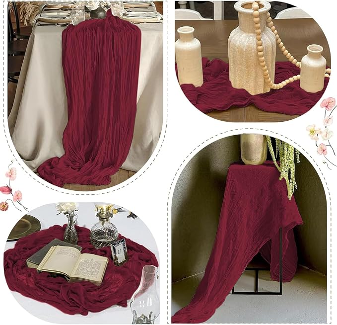 12 Pack Burgundy Red Cheesecloth Table Runner 17 x 108 Inch Gauze Table Runner - Image 6