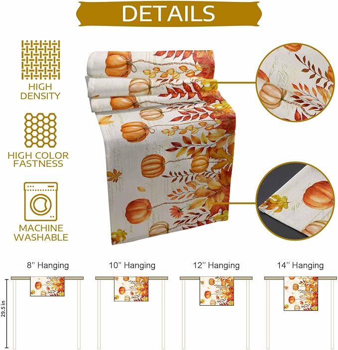 Orange Pumpkin Fall Table Runner 48 Inches Long, Thanksgiving Maple Eucalyptus - Image 8