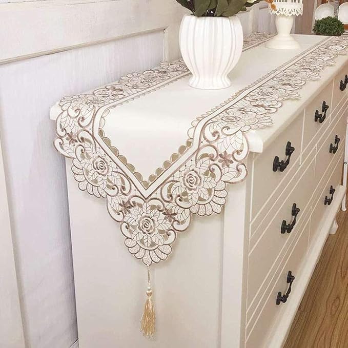 LeLehome 15 Inch X 96 Inch Table Runner, Classic Brown Flowers Embroidery Home - Image 6