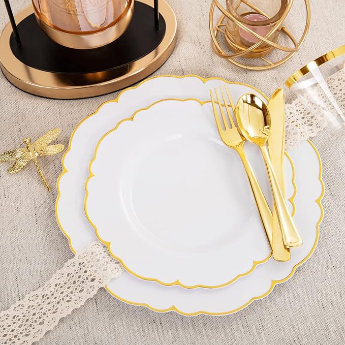 Morejoy 175PCS Gold Plastic Plates，White Gold Disposable Plates Sets | Include - Image 3