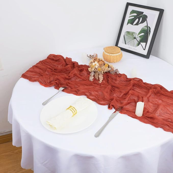 Snowkingdom 10 Ft Fall Thanksgiving Table Runner Terracotta Rust Cheesecloth - Image 7