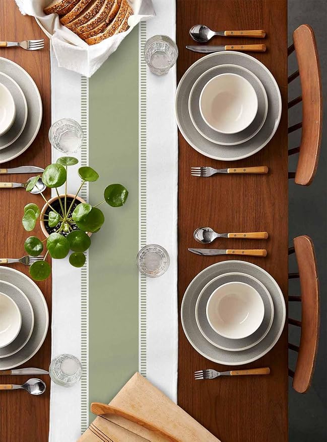 Sage Green Stripe Table Runners 72 inches Long, Linen Boho Table Runner - Image 2