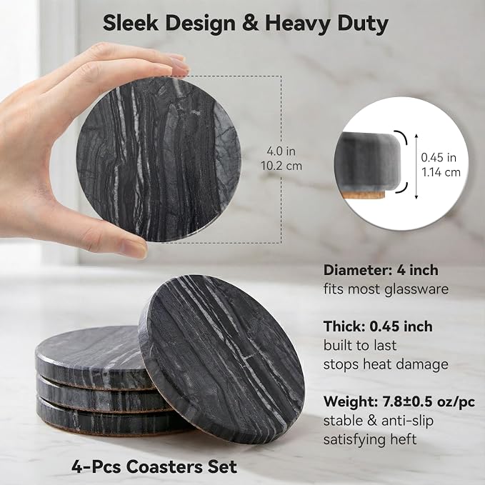 Black Marble Coasters Set of 4, Elegant Black & Dark Gray Coasters - Image 4
