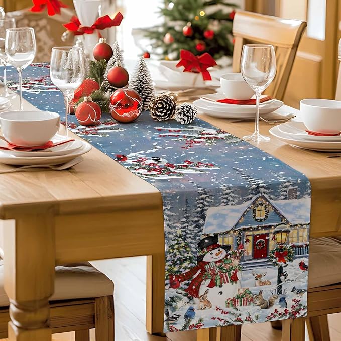 Merry Christmas Table Runner 90 Inches Long, Xmas Trees Snowman Snowflake Table - Image 9