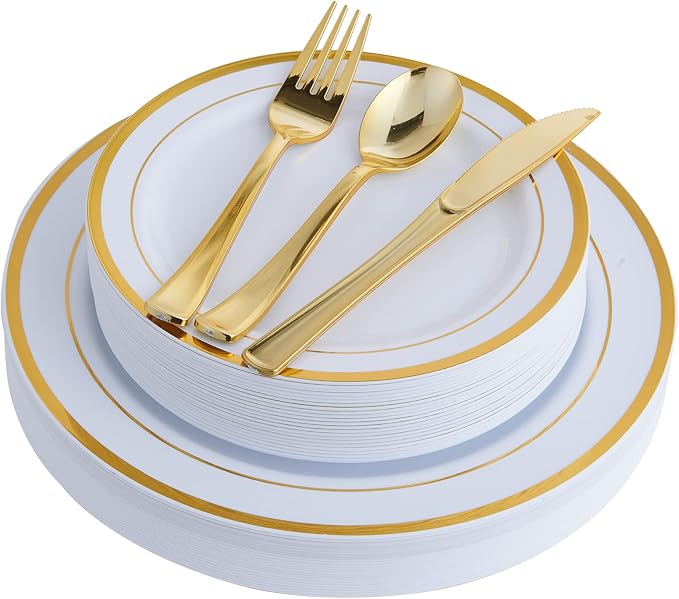 25 Guests Plastic Plates Set Gold Disposable Dinnerware Set | Include 25 Pc 10" by JOLLYCHEF