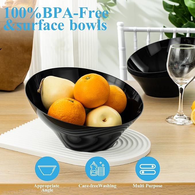 BESTVIP 54 Oz Black Plastic Angled Serving Bowls, 12 Pack | Disposable Bowls - Image 3