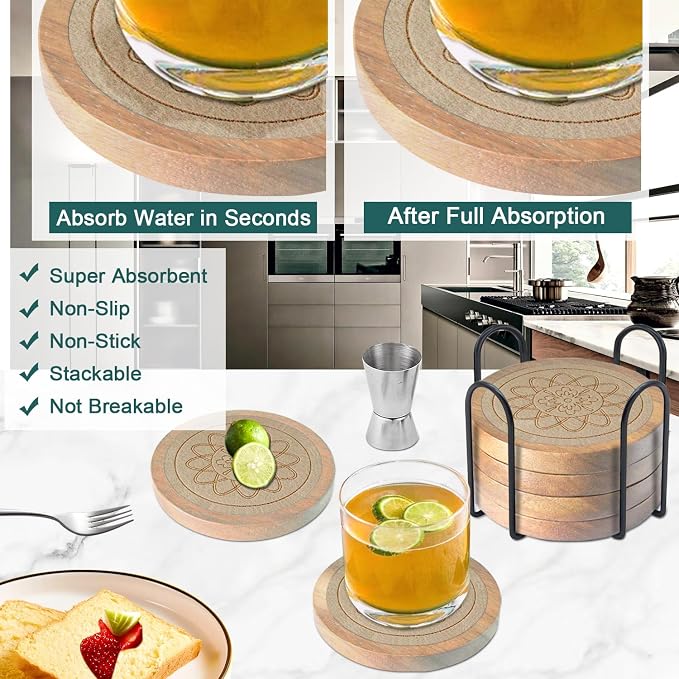 Wood Coasters for Drinks Housewarming Gifts for Home Decoration Absorbent - Image 2