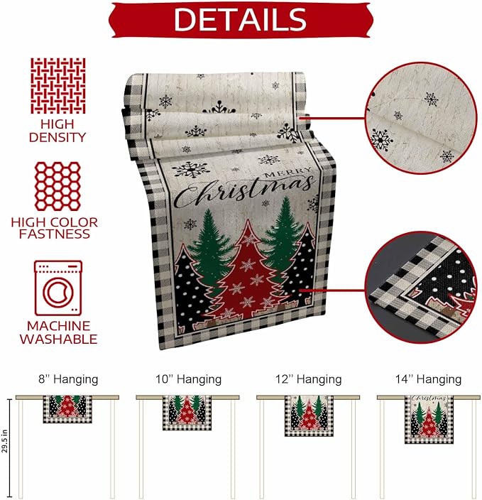 Christmas Trees Table Runner 72 Inches Long, Xmas Snowflake Retro Table Runners - Image 7