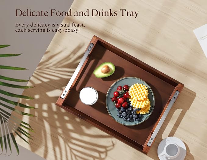 Acacia Wood Serving Tray with Metal Handle, 17x13in Tray - Image 2