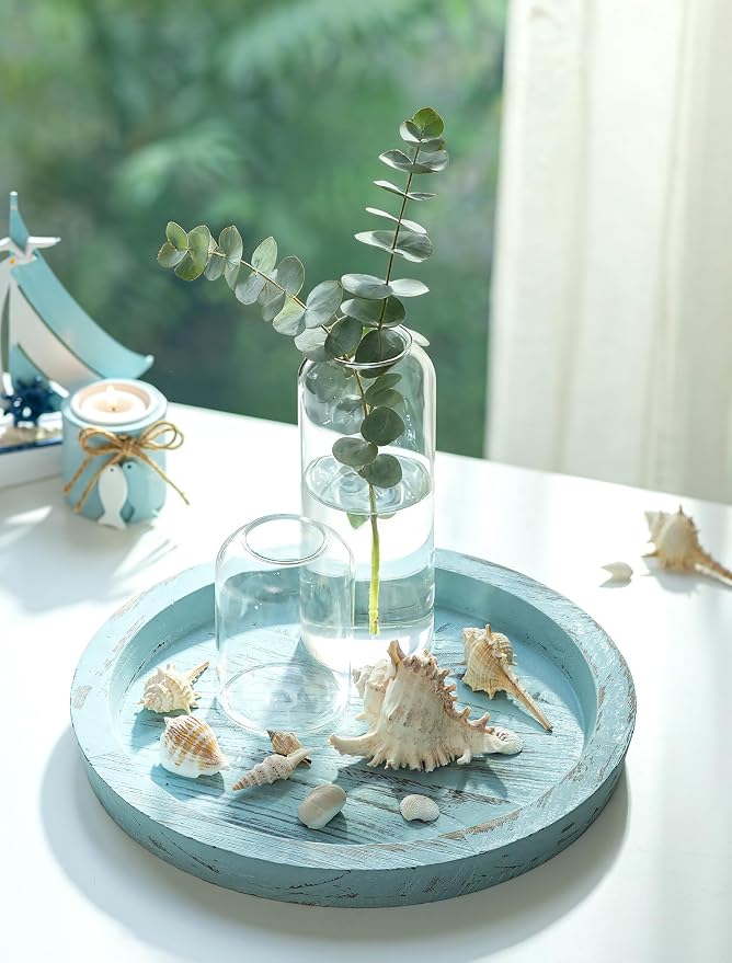 Hanobe Round Wood Candle Holder Tray, Ocean Blue Coastal Coffee Table Decor | - Image 2