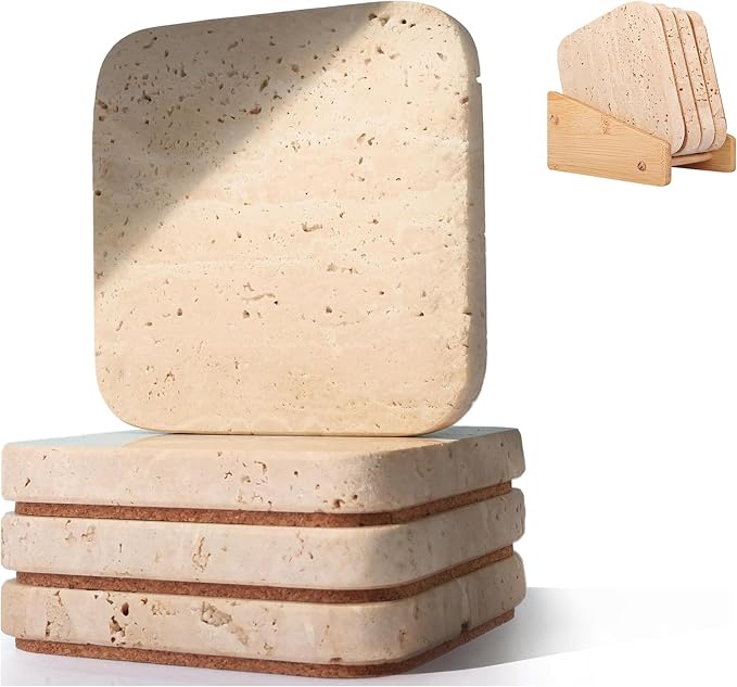 Stone Coasters Set 4PC Natural Travertine, Stone Drink Coaster by Unknown