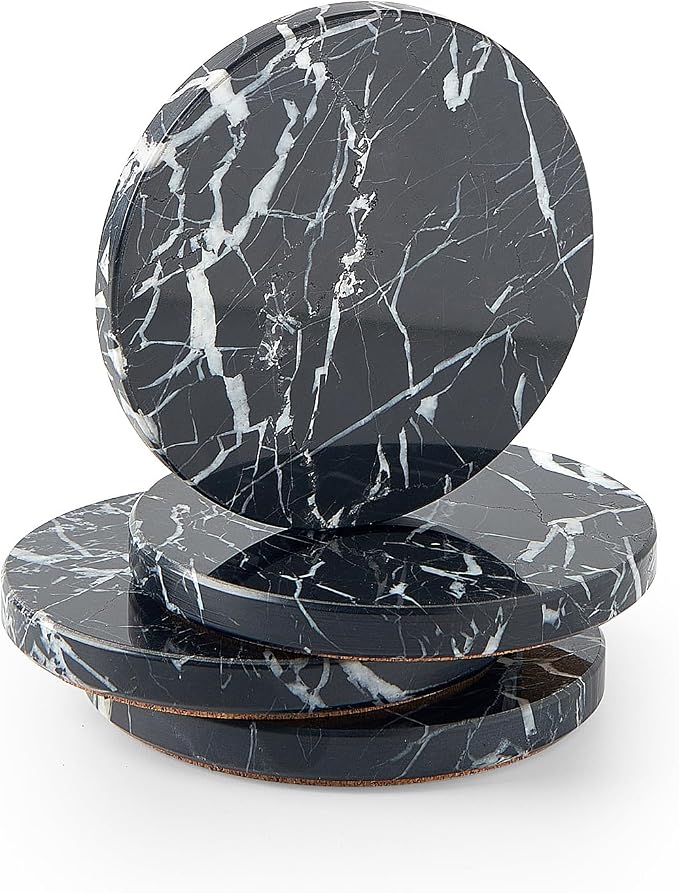 Natural Marble Coaster Set of 4.Round Drinks Coasters, Non-Ceramic/Non-Resin | by STAVORAE