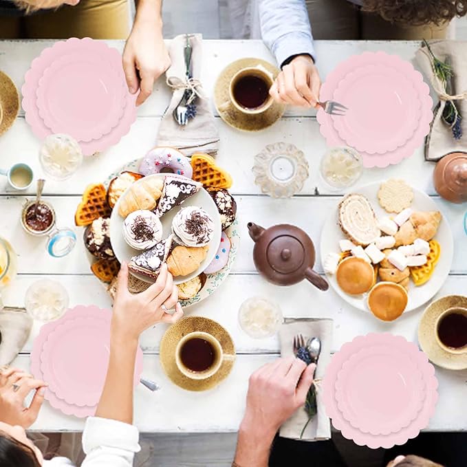 50 Pcs Light Pink Scalloped Paper Plates 25 × 7'' and 25 × 9'' Disposable Pink - Image 2