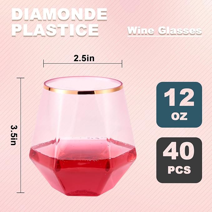Goodluck 40PCS 12oz Diamond Plastic Pink Wine Whiskey Glasses Rose Gold Rim | - Image 3