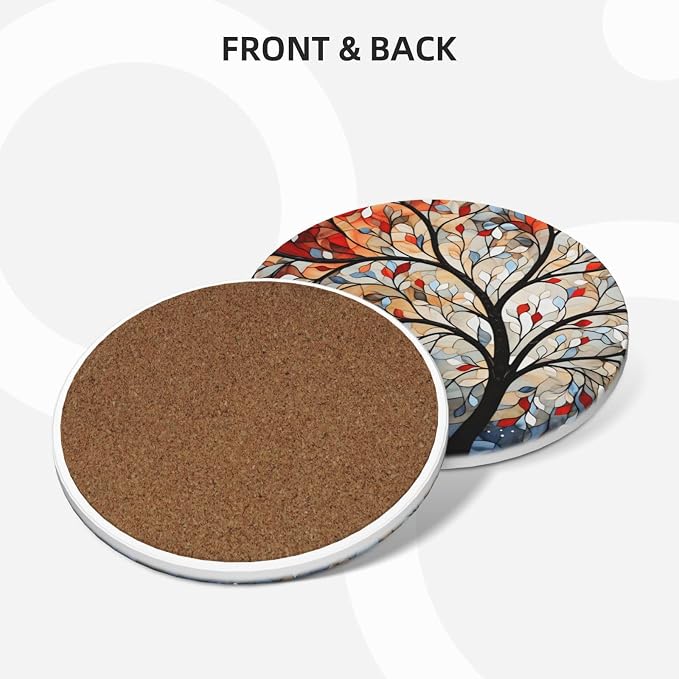 Artistic Tree Pattern Coasters for Drinks Absorbent Round Ceramic Coasters Set - Image 2