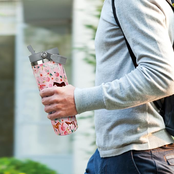 30 oz Pink Tumbler with Handle and Flip Straw, Vacuum Insulated Water Bottle - Image 7