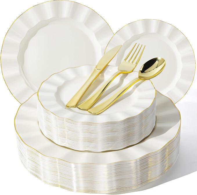 250PCS Ivory Plastic Plates Set, Wavy Plates by QualQuot