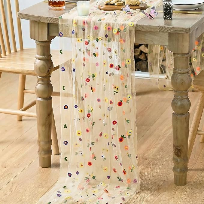 Artoid Mode Champagne Embroidery Daisy Gauze Table Runner 120 Inch 10FT | - Image 4