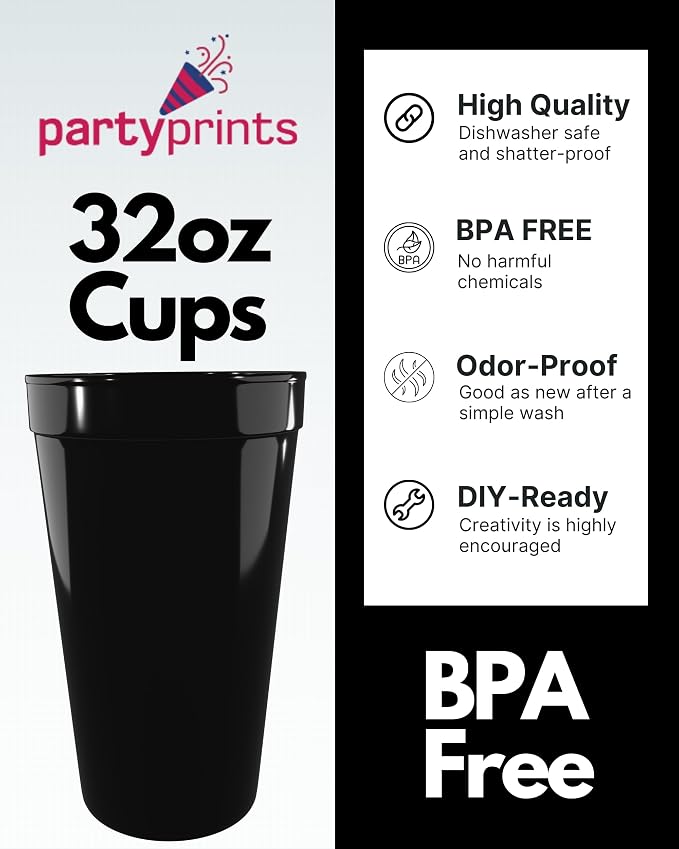 PartyPrints 10 Pack 32 oz Black Reusable Blank Plastic Cups, Colored Plastic - Image 2