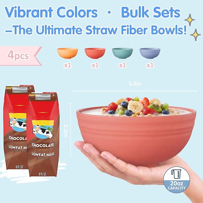 Quatish 4 PCS Unbreakable Cereal Bowls, Dishwasher & Microwave Safe Wheat Straw - Image 4
