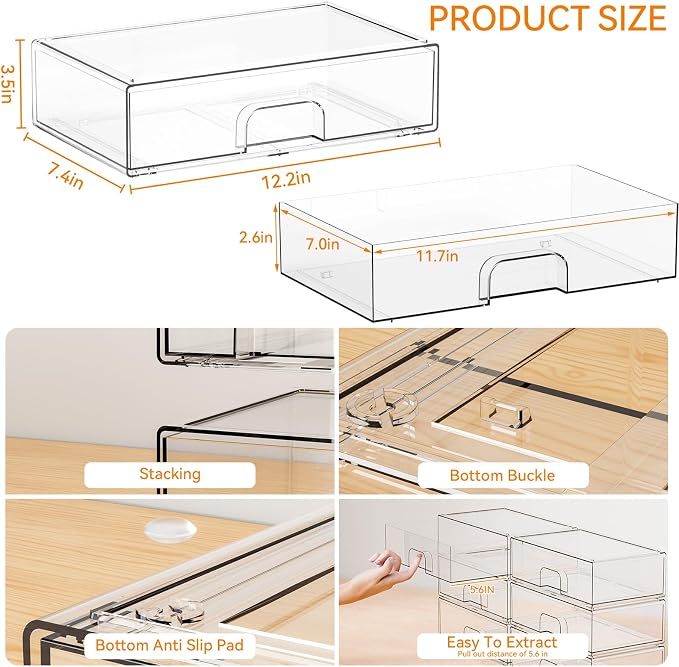 12.1''W Clear Stackable Storage Drawers, Makeup Organizers, Plastic Office - Image 3