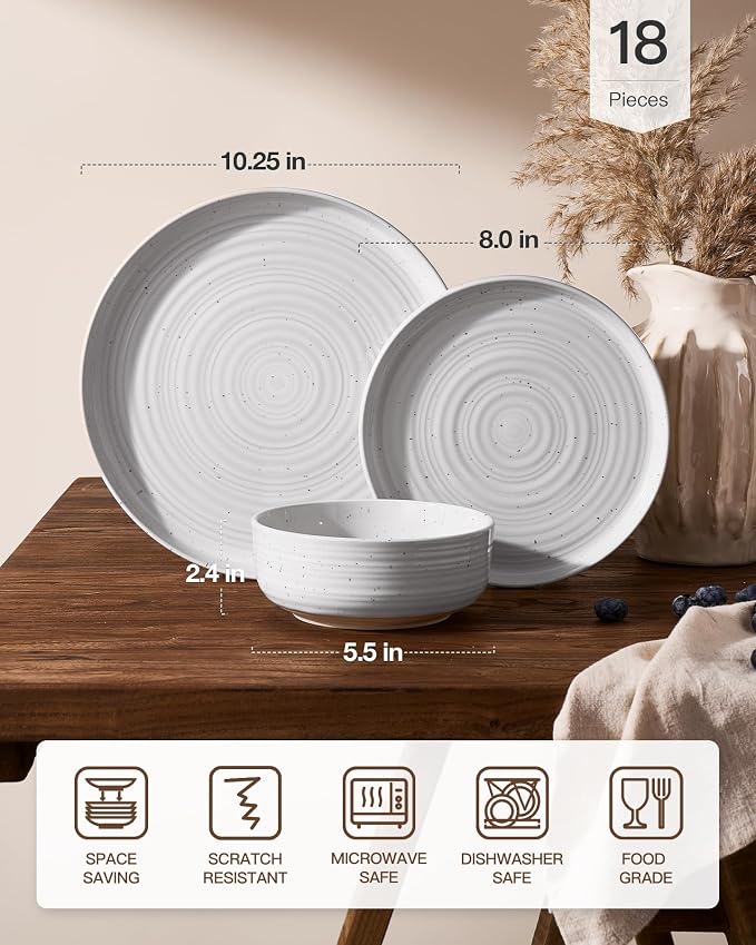 Stoneware Dinnerware Sets for 6, Coupe Plates & Bowls, Chip & Scratch Resistant - Image 7