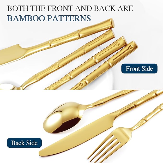 Gold Silverware Set 20-Piece Bamboo Pattern Service - Image 3