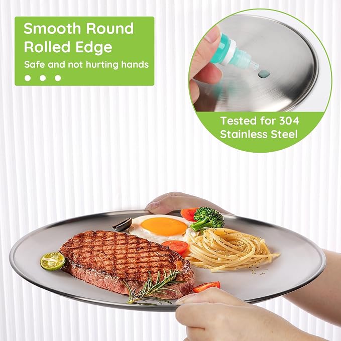 Stainless Steel Plates, 8 Pack 11.8 inch 304 Metal Food Serving Plate Set - Image 3