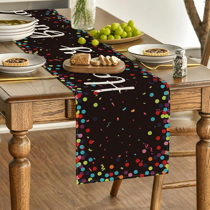 Artoid Mode Polka Dot Black Happy Birthday Table Runner, Seasonal Halloween - Image 3