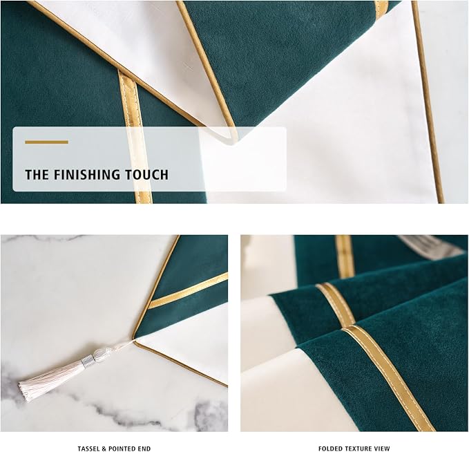 Avigers Table Runner 12 x 90 Inch, Emerald Green White, Tassels | Faux Silk - Image 4