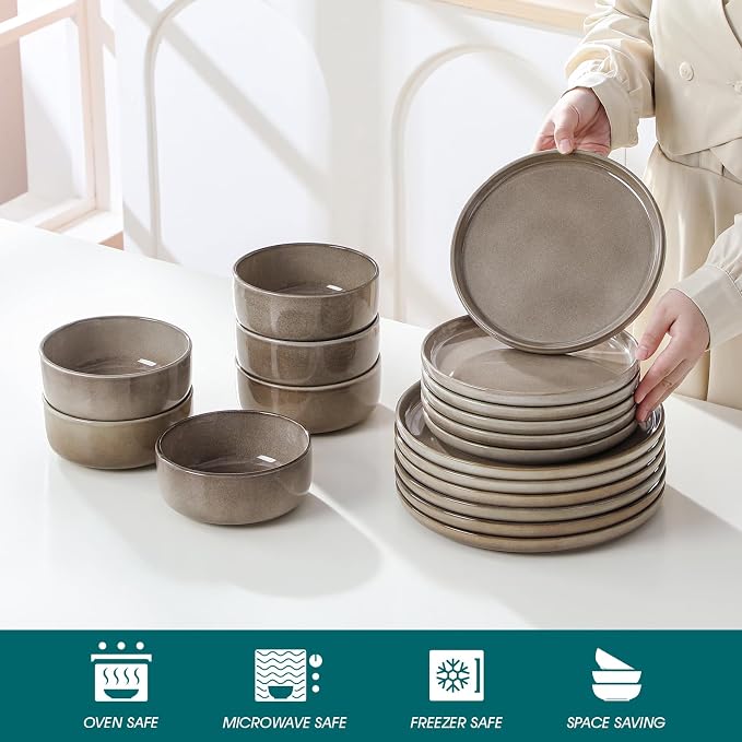 vancasso PLAYA Plates and Bowls Sets, 18 Pieces Dark Brown Dinnerware Sets - Image 4