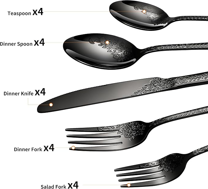 20 Pcs Black Silverware Set for 4, Food Grade Stainless Steel Flatware Set - Image 3