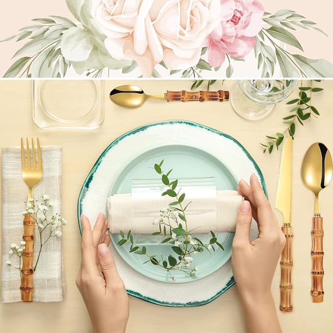 Eboot Bamboo Silverware Set 18/8 Stainless Steel Tableware Set Natural Utensil - Image 4