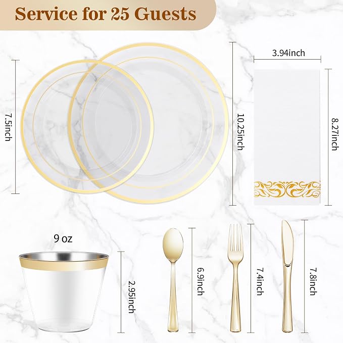 BESTVIP 175 PCS Clear Gold Plastic Plates and Silverware Set Disposable | Gold - Image 4