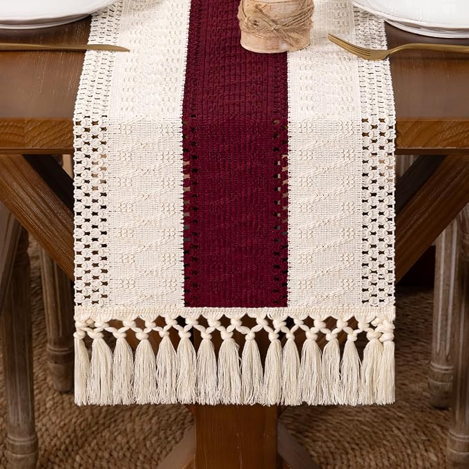 DeZerlor Ivory&Burgundy Boho Macrame Farmhouse Woven Table Runner 108Inch | by DeZerlor