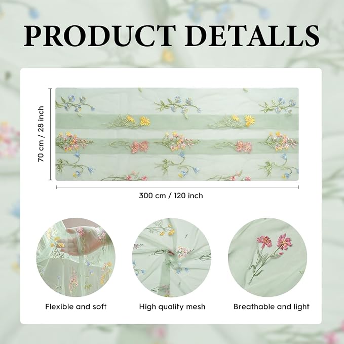 Artoid Mode 3PC Wildflower Floral Sage Green Gauze Embroidery Table Runner 120 - Image 6