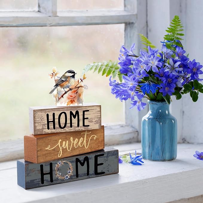 Cinnvoice 4 Pcs Spring Chickadee Wooden Block Decor Farmhouse Tiered Tray Signs - Image 6
