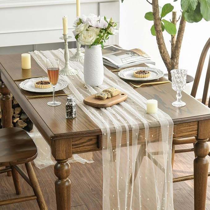 Artoid Mode 10PCS Pearl Beige Gauze Table Runner 120 Inch 10FT, Seasonal Sheer - Image 3