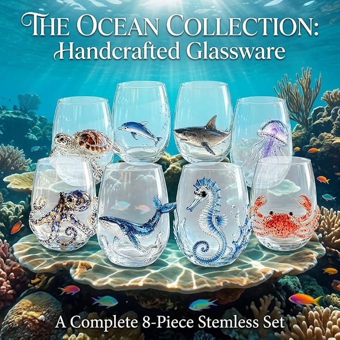 Artisanal Blue Ringed Octopus Glassware, 3D Ocean Glass Wine Glass SeaTurtle | - Image 4