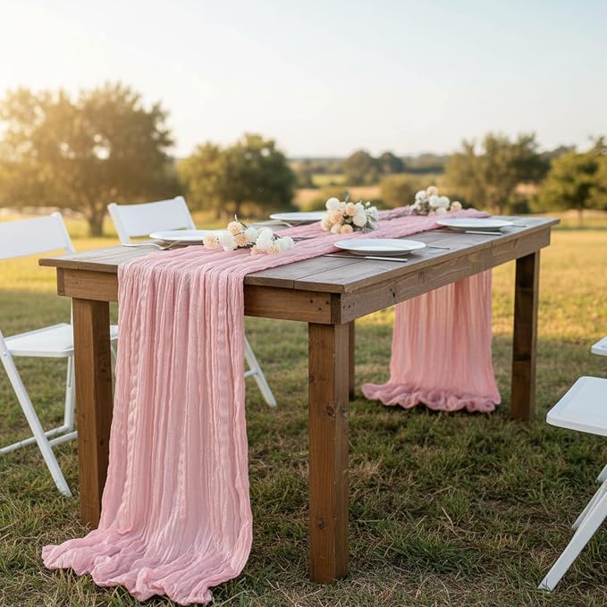 3 Pack Peach Pink Cheesecloth Table Runner 120 Inch Boho Wedding Decor | - Image 5