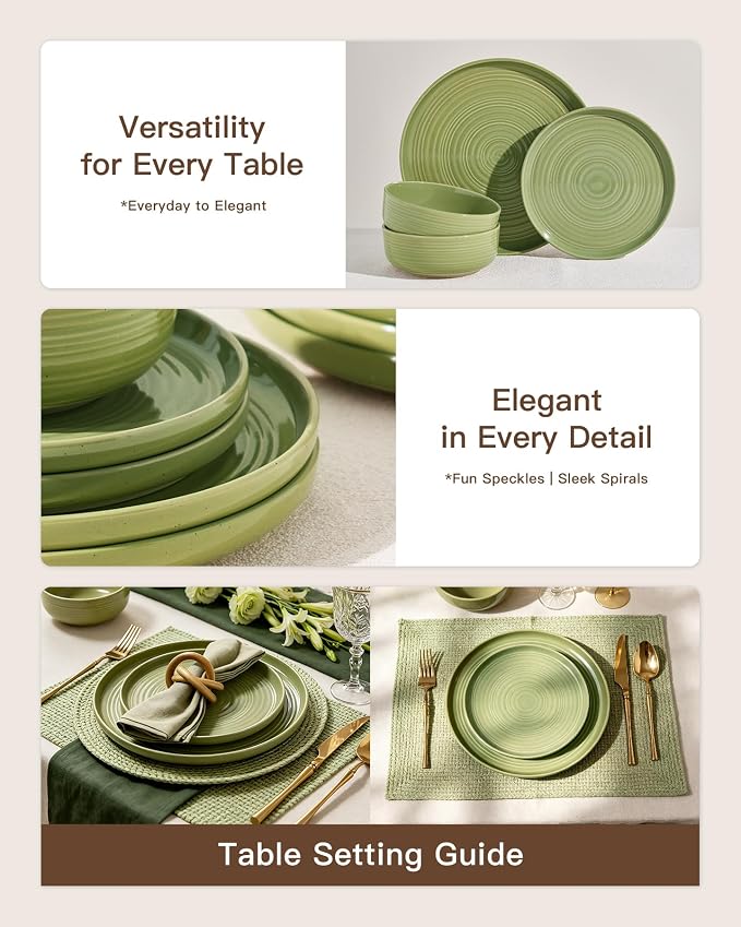 Dinnerware Sets for 6, Ceramic Plates & Bowls, Olive Green | 18-Piece Ceramic - Image 3
