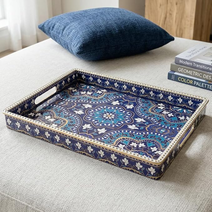 Boho Serving Tray with Handles, Large Rectangular Decorative Ottoman Tray with - Image 4