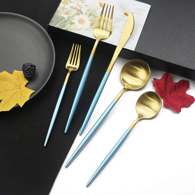 JASHII Luxury 18/10 Blue Handle Flatware Gold Silverware Set 304 Stainless - Image 2