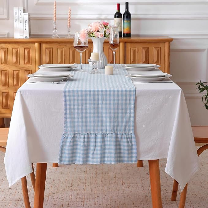 Light Blue White Plaid Gingham Ruffle Table Runner 90 inches Long 100% Washed by KMASANIJI